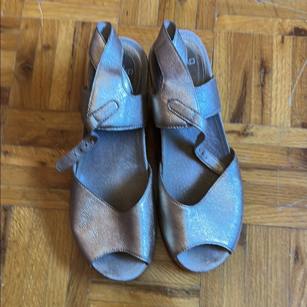 Gold Dansko wedge cork heeled leather clog sandals